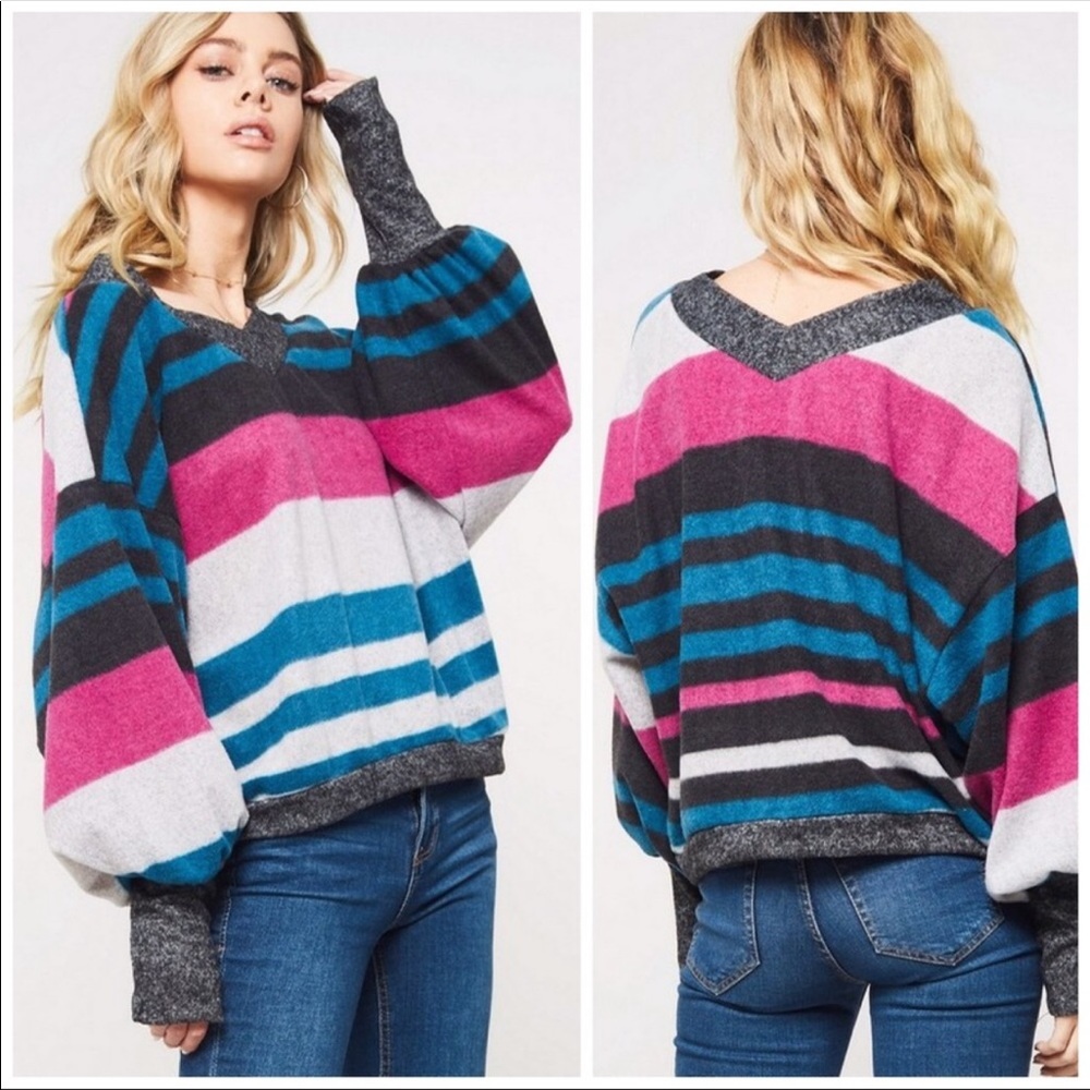 Balloon Sleeve Striped Sweater - Picture 2 of 4
